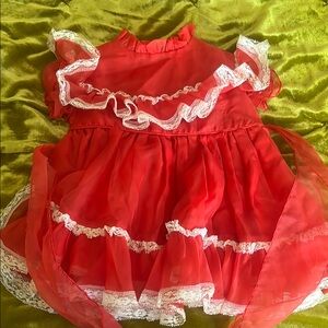 Red Ruffled Dress with Lace Trim TU
